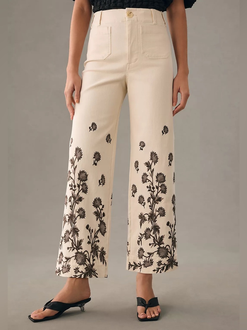 Anthropologie || Maeve Denim Colette Cropped Wide Leg Jeans Floral Embroidered - Picture 11 of 11
